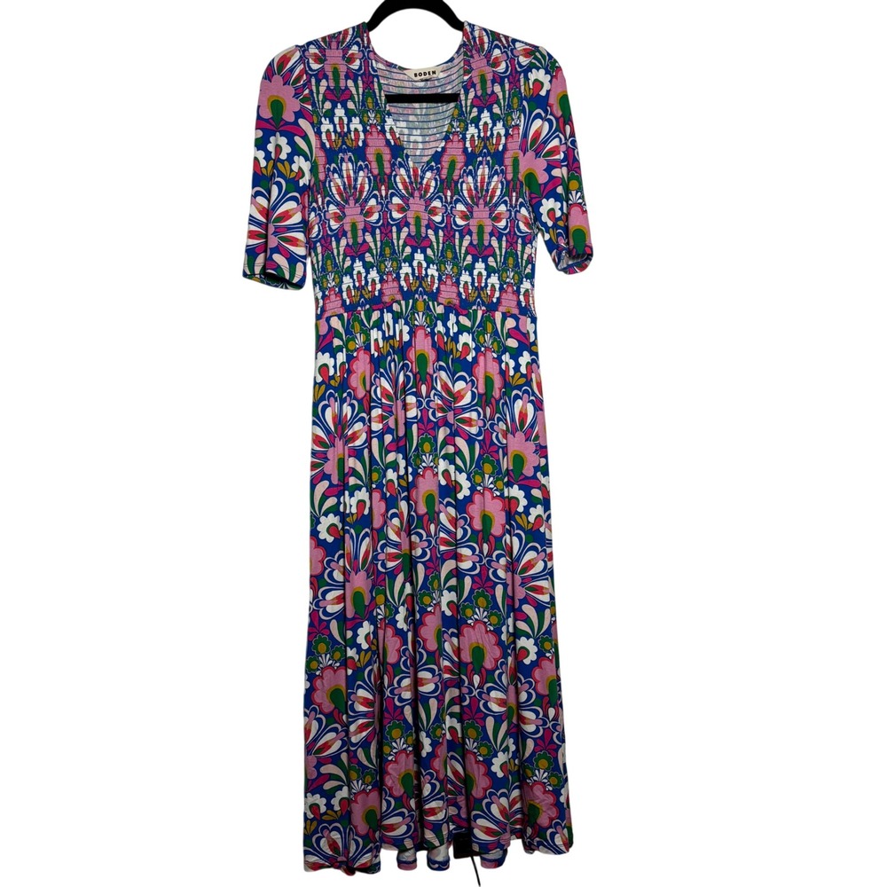 Boden Bethany Smocked Jersey Dress Floral Psychedelic Midi Size 6 Mod Retro